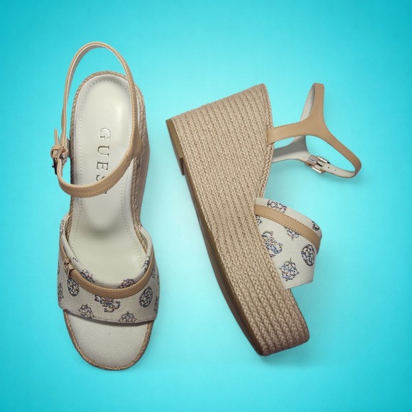 New Guess Women's Taani White/Beige Rainbow Logo Platform Wedge Sandals, 11 M - Picture 2 of 9